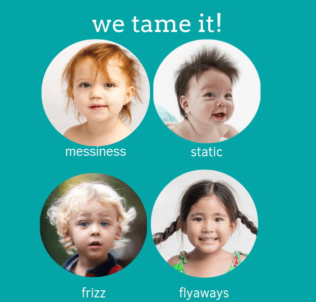 Image of the types of kid’s hair the products tame (frizzy, messy, static, and flyaways) 