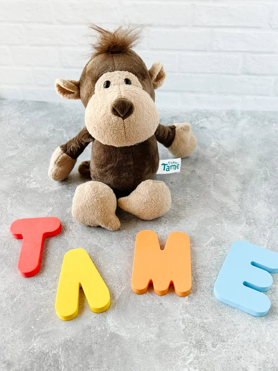 The monkey plush sitting behind colourful foam letters spelling TAME
