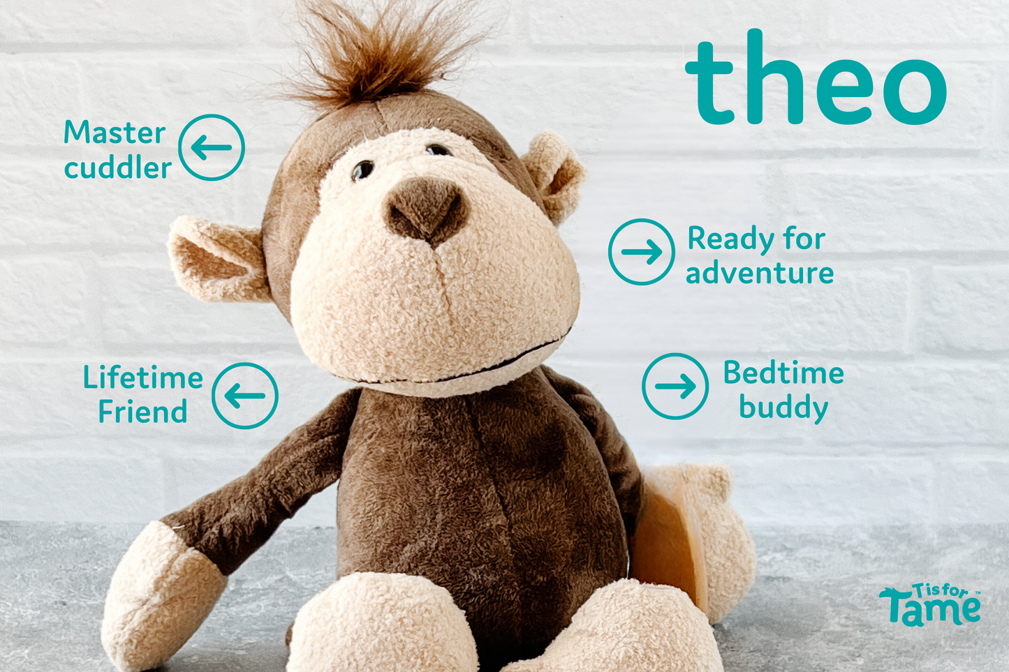 Theo The Soft Plush Monkey Stuffed Animal, 8 Inches Tall When Sitting, 10 Inches Tall with Legs Fully Extended