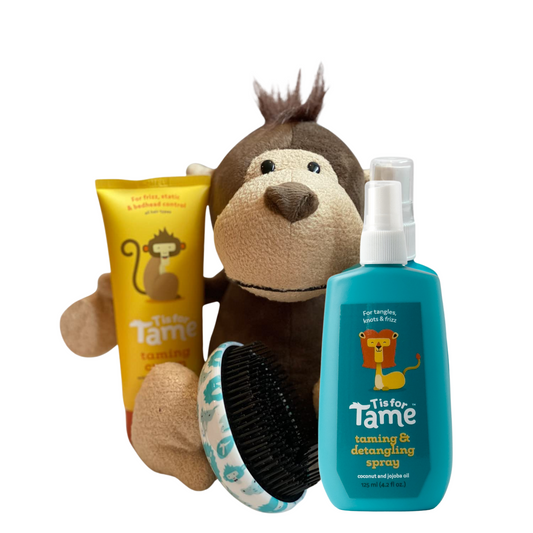 New Mom Gift Set with Kids Taming Cream, Detangling Spray, Brush & Plush Monkey