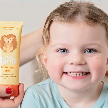 The same toddler, brushed and smiling, beside a tube of Taming Gel